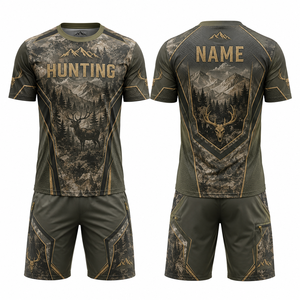 Conjunto de Camisa de Manga Corta y Pantalones Cortos para Hombre, Ropa de Caza, Estampado de Ciervo, Camuflaje, Poliéster Transpirable, Kit de Verano para Actividades al Aire Libre - Product Image 1