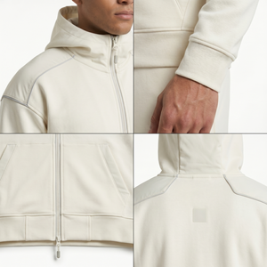 Sudadera con capucha de forro polar técnico personalizada para hombre, con cremallera completa, 260GSM, estilo urbano premium, corte arquitectónico, sudadera Heritage OEM para Off-White - Product Image 4