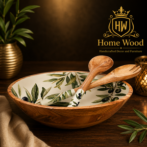 Cuenco de madera hecho a mano con diseño de hoja de olivo para servir comida, decoración de estilo mediterráneo. - Product Image 1