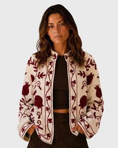 Veste en coton brodée à la main, manches longues, col montant, motif floral, pour femme adulte, style chic prairie, longueur courte, automne - Product Image 1