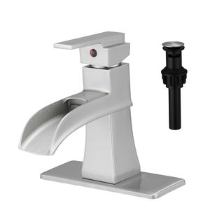 Rubinetto a cascata monocomando a 1 foro per lavabo con scarico a scomparsa, tubi di alimentazione, rubinetto per lavabo e piastra di copertura per bagno - Product Image 1