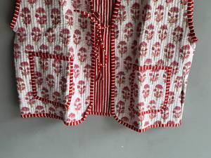 Floral <b>Quilted</b> Cotton Vest Reversible Striped <b>Pattern</b> Short Sleeve <b>Jacket</b> for Women Spring GIFT FOR HER - Product Image 3