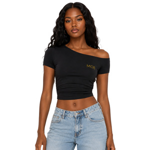 One-Shoulder Cropped Blouse Solid Black Knitted Custom women's shirt Half Sleeve Asymmetric Design Rhinestone Logo Slim Fit - Product Image 1