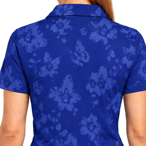 Polo de golf pour femme à manches courtes, bleu bleuet, imprimé motif floral, haut de sport performant, personnalisable, vente en gros, respirant - Product Image 4