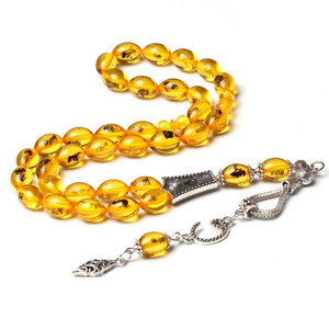 Tasbih couleur ambre en résine dorée avec insecte véritable, Misbaha, chapelet islamique, 33 perles de prière musulmanes, accessoires turcs Trabizon - Product Image 2