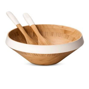 Ensemble de saladiers en bambou de style moderne avec des serveurs à poignée blanche assortis, écologiques, en bois naturel, grand saladier pour servir les fruits - Product Image 1