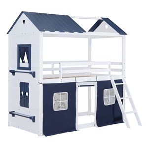 Elegante Letto a Castello Singolo con Finestre Blu-Bianche e Tenda - Letto a Casetta in Legno per Bambini - Product Image 4
