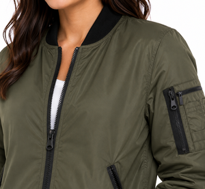 <b>Women</b>’s Olive Green <b>Bomber</b> <b>Jacket</b> <b>Lightweight</b> Casual Zip Front <b>Jacket</b> Ribbed Collar Cuffs and Hem Full Sleeve Windbreaker - Product Image 4