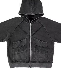 Sweat à capuche zippé en molleton brodé délavé pour homme – Collection Automne |   Manches raglan avec grande poche |   OEM sur mesure, coupe ample - Product Image 2