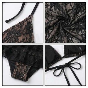 Women Black Lace Halter <b>Bikini</b> <b>Set</b> With Floral Pattern Skirt Bottom 2 Piece Swimwear - Product Image 4