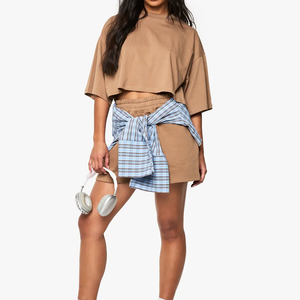 Custom Summer Set Crop Top Women <b>Tshirt</b> Breathable Skinny Fit Cotton Knee <b>Plain</b> Dyed Solid Shorts Casual Crop Tee & Shorts Set - Product Image 3