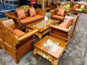 Traditional Teak Sofa Set with Carved Backrest and Matching <b>Coffee</b> <b>Table</b> for Living Room Apartment Villa Home Furniture - Product Image 5