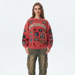 Women Oversized Crew Neck Sweatshirt <b>Patchwork</b> Embroidered 100%Cotton Fleece Long Sleeve Casual Winter Wear Ladies Sweat <b>Shirt</b> - Product Image 1