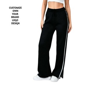 Atlético activo Beige pantalones de pierna ancha Loungewear cordón cintura aberturas laterales Flare bottom casual chándales Pantalones de mujer - Product Image 5