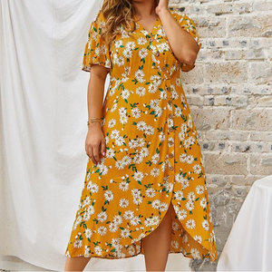 Vestido Casual de Verano Bohemio para Mujer Talla Grande, con Estampado Floral, Cuello en V, Manga Abullonada, Cintura Imperio, Línea A, Largo hasta la Rodilla - Product Image 5
