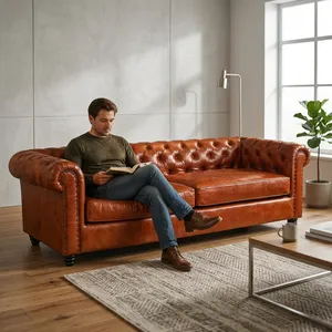 Juego de Sofás Chesterfield de Cuero Genuino Premium – Sofá Chesterfield Clásico de Estilo Italiano en Color Marrón para Muebles de Sala de Estar - Product Image 4