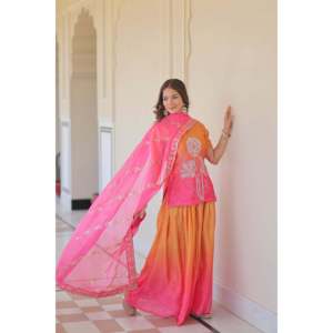 Ensemble palazzo brodé en lin avec dupatta en soie pour femmes - Product Image 3