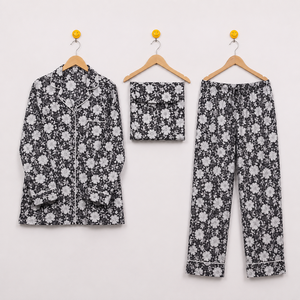 Conjunto de Pijama de Algodón 100% con Estampado Floral para Mujer, Manga Larga, Cuello Redondo, Ropa de Dormir Larga - Product Image 1