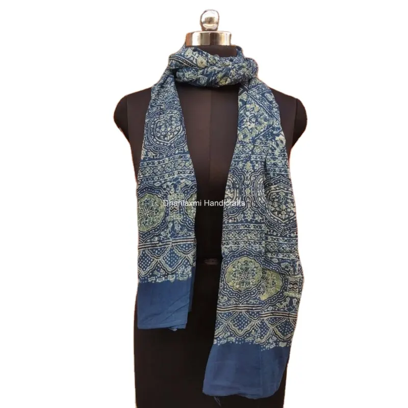 Atacado Indigo Macio Algodão Mão Bloco Imprimir Ajrakh Corante Natural Tecido Dupatta Cachecol Handmade Verão Pareo Beach Wear Scarf