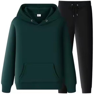 Sweat-shirt à capuche bleu marine unisexe avec poches latérales et pantalon à cordon noir, ensemble décontracté pour adultes, vêtements d'automne - Product Image 2