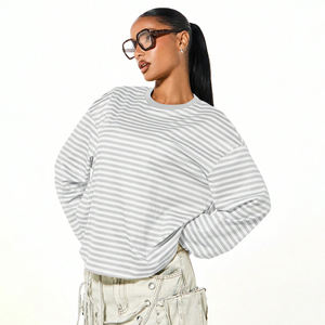 T-shirt rayé pour femme, style hip-hop, tissé, léger, à manches longues, coupe ample, 100 % coton, respirant et écologique, idéal pour l'été - Product Image 1