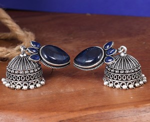 Pendientes Jhumka de Plata Oxidada con Piedra Azul, Hechos a Mano, Estilo Étnico Bohemio, Joyería Tradicional para Mujer, Proveedor de Fábrica - Product Image 3