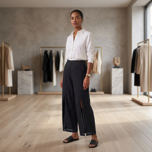Women's High Elastic Waist Black Flare Pants Loose Fit Full Length Solid Color Bohemian Summer Style Eco-Friendly Cotton Rayon - Product Image 3