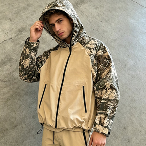 Manufacturer Custom Color Block <b>Patchwork</b> Camouflage Outdoors Polyester Windbreaker Zipper Track <b>Jacket</b> with Hood Men - Product Image 2