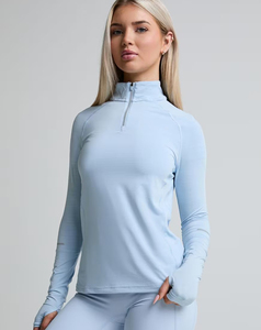 Lightweight Women <b>Light</b> <b>Blue</b> Quarter-Zip <b>Long</b> <b>Sleeve</b> Yoga <b>Top</b> Solid Color Regular Fit Sweat-Wicking Spandex Polyester Activewear - Product Image 1