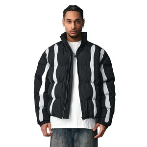 Chaqueta Acolchada para Hombre, Color Negro y Blanco, con Cuello Alto, Cierre de Cremallera, Resistente al Viento, para Invierno, Estilo Urbano, con Relleno Grueso de Poliéster - Product Image 2