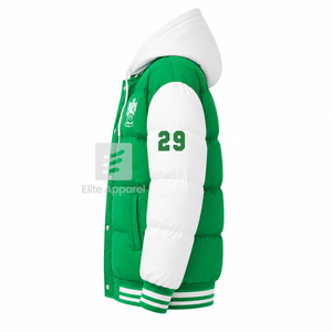 Custom Iota Phi Lambda sorority Puffer <b>jacket</b> embroidered logo on front green and <b>white</b> color full sleeve <b>jacket</b> <b>for</b> female - Product Image 4