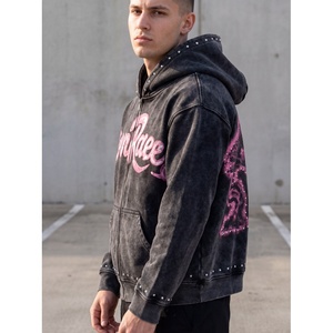 Men's Black and <b>Pink</b> Acid Wash Graphic Print Full Zip Up Hoodie Oversized Streetwear Fleece Sweatshirt with Custom Stud Detail - Product Image 3