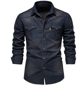 <b>Men's</b> Slim Fit Denim Shirt Long Sleeve Solid Color Cotton Casual Turn-down Collar With Pockets Stonewash Finish - Product Image 4
