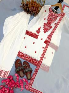 White Cotton Salwar Kameez With <b>Red</b> Embroidery Loose Fit Ankle Length Traditional Indian Pakistani Women's Casual Wear - Product Image 2