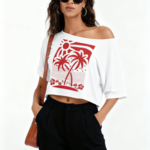 เสื้อยืดกราฟิกแบบครอปสำหรับผู้หญิง แขนเสื้อแบบแร็กแลน ผ้าฝ้าย เสื้อยืดครอปพิมพ์โลโก้ตามสั่ง คอวี แขนสั้น - Product Image 4