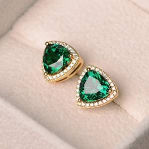 Triangle Cut Green Crystal <b>Stud</b> <b>Earrings</b> 18K Gold Plated Women's Luxury Jewelry Everyday Wear Bezel Setting - Product Image 3