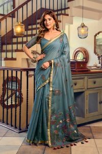 Magnifique et charmant sari en coton Khadi, Minakari, pur, de créateur, traditionnel, ethnique indien, pour mariée et fête, séchage rapide - Product Image 2