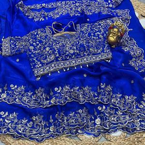 Indian Ethnic Beautiful and Elegant <b>Saree</b> with Embroidery Work for Partywear and Wedding Occasion for Women Fancy Trendy Outfit - Product Image 4