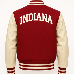 Veste universitaire Indiana pour homme, rouge, avec manches en cuir, broderie, style bomber, style preppy, vêtement d'hiver - Product Image 6
