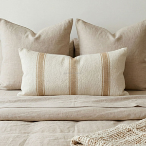 Ivory Natural Handloom Woven Long Lumbar <b>Pillow</b> Cover Fine Vertical Stripe Textured Bed <b>Pillow</b> Decorative Sofa <b>Cushion</b> - Product Image 1