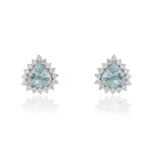 Boucles d'oreilles luxueuses en or blanc 18 carats pur, serties d'aquamarine et de diamants taille trillion, 100 % authentiques, pour femme - Product Image 1