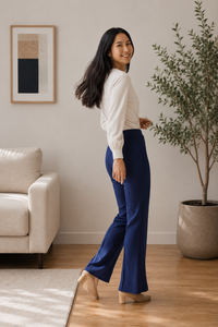 High Waist Flare Pants <b>Women</b> Solid Color Crepe Anti-Wrinkle Full Length Office Lady Style Autumn Wear Elastic Waist <b>Trousers</b> - Product Image 5