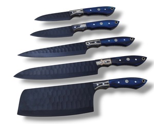 Ensemble de 5 couteaux en acier inoxydable faits à la main, couteau de chef, couteau utilitaire, manches en bois Pakka bleu, lame ambidextre de 6 à 7,9 pouces, qualité supérieure - Product Image 1