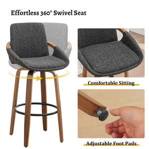 Mid Century Modern Bar <b>Stool</b> with Walnut Solid <b>Wood</b> Frame, Grey Linen Upholstered Counter Height Chair for Kitchen Island - Product Image 4