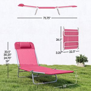 Portable Pink Folding Chaise Lounge Chair with Adjustable <b>Backrest</b> and Pillow for Poolside Patio Beach Use - Product Image 3