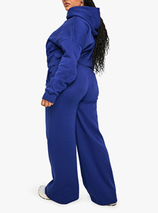 Ensemble de survêtement bleu à capuche pour femme grande taille, coupe ample, fermeture éclair sur le devant, imprimé lettres, tenue décontractée 100 % coton, style automne - Product Image 5
