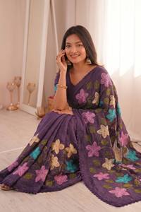 <b>Purple</b> Floral Embroidered Silk <b>Saree</b> With Lace Border Traditional Indian Wear For Women Wedding Occasion All Seasons - Product Image 4