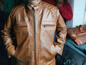 Men's Genuine Leather <b>Biker</b> <b>Jacket</b> Vintage Brown Motorcycle <b>Jacket</b> Quilted Shoulder Casual Winter Leather Coat - Product Image 2