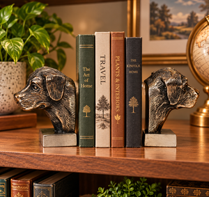 Juego de 2 sujetalibros con cabeza de perro de aluminio, acabado plateado antiguo, esculturas decorativas de metal con forma de perro, soportes para libros para estantería o biblioteca - Product Image 2