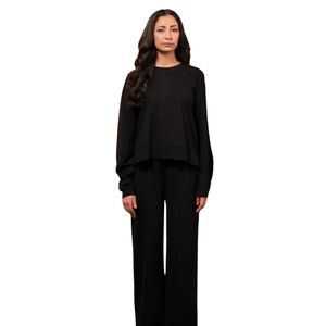 <b>Women</b> <b>Black</b> Two Piece Lounge Set Long Sleeve Crew Neck Sweatshirt Wide Leg Pants Casual Sportswear Matching Outfit Custom - Product Image 4